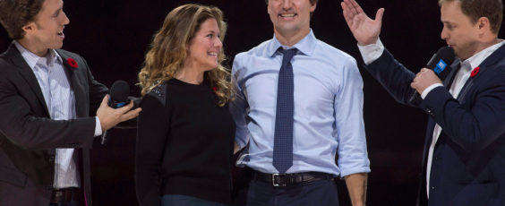 Co-founders Craig, left, and Marc Kielburger introduce Prime Minister Justin Trudeau National Post | James Alexander Michie